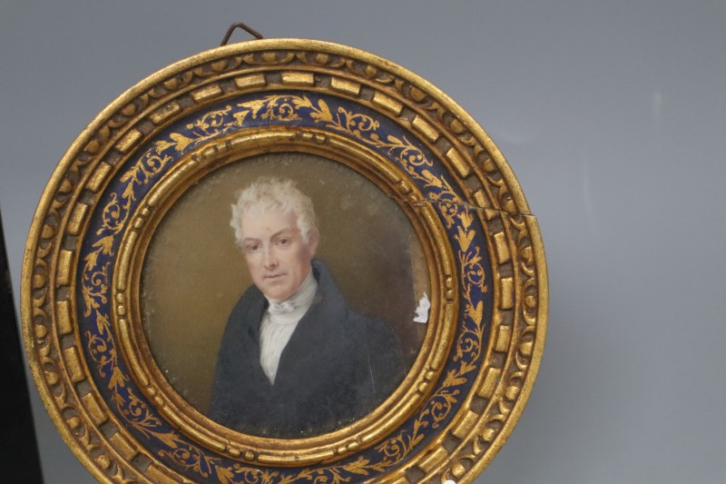Two 19th century portrait miniatures on ivory, 14 and 14.5cm including frames